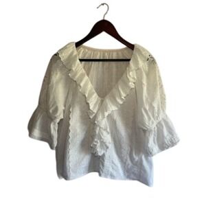 Anthropologie Eyelet‎ Ruffle Blouse Top White Pom Trim Cottagecore Boho M